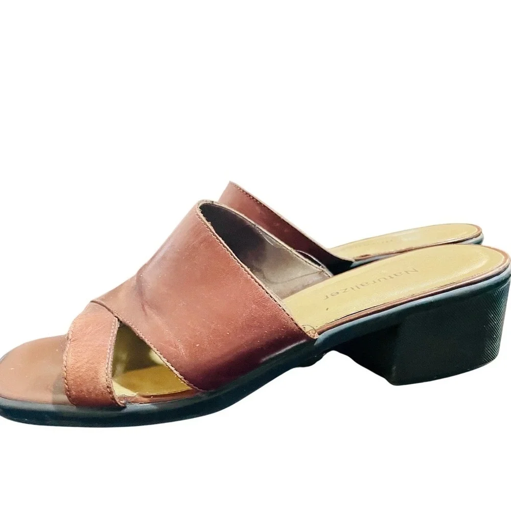 Naturalizer Womens Brown Leather Crossover Slide Sandals Block Heel 8M
